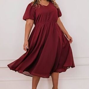 JessaKae Burgundy Swiss Dot Dress Puff Sleeve Fit & Flare Cottagecore Midi